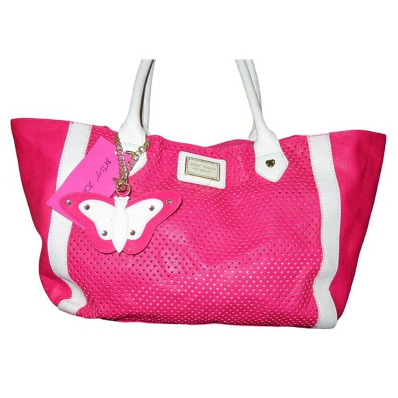 Betsey Johnson Perforated Laser Cut Leather Butterfly Charm Tote Barbie Pink - Picture 1 of 15